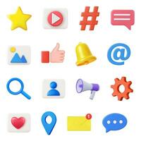 3d social media icons, online communication, digital marketing symbols. Like button, speech bubble, notification bell, hashtag icon vector set. 3d rendering. Vector illustration