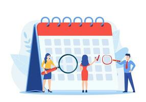 Planning schedule, business event and calendar concept. People with schedule, pen and notes organize meeting. Planning strategy and time management. Vector illustration in flat style