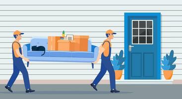 Delivery and relocation service concept. moving house. Delivery character man movers carry sofa with household items. Vector illustration in flat style