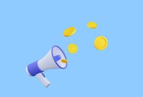 3d megaphone speaker or loudspeaker bullhorn for announce promotion, megaphone voice with money coin. voice for money. 3d rendering. Vector illustration