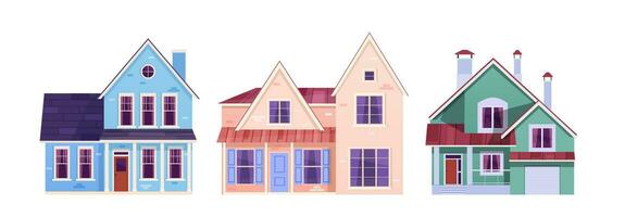 Residential houses exterior in suburb district. cartoon set of suburban cottages, modern real estate property. Two storey suburban dwelling architecture with garages. Vector illustration in flat style