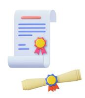 3d Achievement, award, grant, diploma concepts. certificate icon with stamp and ribbon bow. 3d rendering. Vector illustration