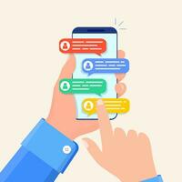 Online chat messages text notification on mobile phone. Hand holds smartphone sms speech bubbles push alerts on screen, digital or electronic chatting on cellphone. Vector illustration in flat style