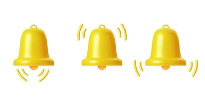 3d render Yellow Bell notifications. Set of Bells Icon. Ringing handbell icons for social media reminder and alert. Vector illustration.