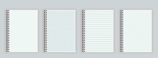 Realistic opened notebook mockups. Lined, checkered and dots paper binder page for memo pads . School notepad notebook. vector illustration.