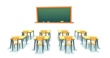 School chalkboard and desks. Empty blackboard, elementary classroom wooden desk table and chair education board furniture isolated on white background. Vector illustration in a flat style