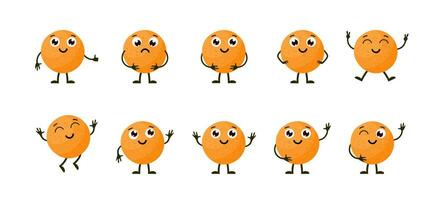 Cartoon funny fruits. Happy orange with face. Summer fruit orange characters isolated on white. Vector illustration in flat style