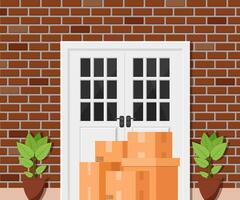 Delivery service concept. Parcel before front door. Safe contactless delivery to home to prevent the spread of the corona virus. Vector illustration in flat style