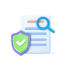 3d Document shield check mark and magnifying glass. Security icon. 3d render. Vector illustration