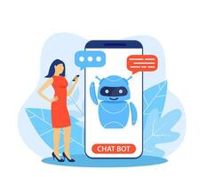 Chatbot ai and customer service concept. woman talking with chatbot in a big smartphone screen. AI robot assistant for user correspondence. Customer support. Helping. Vector illustration in flat style