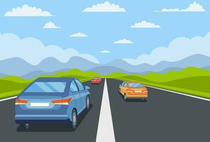 highway drive with beautiful landscape. Travel road car view. Road with cars. City traffic on highway with panoramic views vector illustration in flat design
