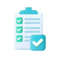 Approved checklist icon. Checklist on 3d paper. Document in test form with check marks and stripes abstract questions. Questionnaire with notes. check marks. vector illustration.