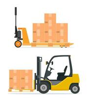 Hand pallet truck with cardboard box. Pallet jack full of carton boxes. Forklift truck unloads the pallets with boxes. Warehouse and storage equipment. Vector illustration in flat style