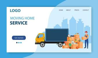 Man with cardboard boxes. Delivery service concept. moving house. Pile cardboard boxes with truck. Landing page. Relocate to new home or office. Vector illustration in flat style