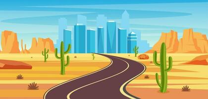 vacío autopista la carretera en Desierto líder a un grande ciudad. arenoso Desierto paisaje con camino, rocas y cactus autopista en Arizona o mexico caliente arena. vector ilustración en plano estilo