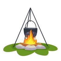 Camping pot over bonfire. cauldron and campfire. Outdoor Grass, branch and stones. Vector illustration in flat design