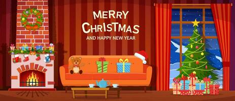 Christmas interior of the living room with a Christmas tree, gifts and a fireplace. Happy New Year Decoration. Merry Christmas Holiday. Vector illustration