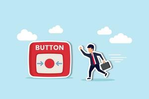 Push button call for emergency help, control or launch rocket, start new business or launch start up company concept, cautious businessman running in hurry to push red emergency button. vector