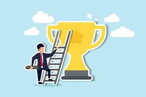 Building ladder to success, strategy and plan to growing and achieve target or goal, ambition and aspiration concept, businessman building ladder of success climbing to top of champion trophy cup. vector