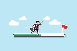 Progress or journey to success or achieve goal, business step or career path, mission or challenge to succeed, improvement concept, ambitious businessman run on progress bar to achieve success flag. vector