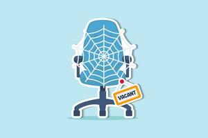 Labor shortage, worker needed not enough skill staff to fill in job vacancy, help wanted or employment demand concept, office chair with sign vacant covered by spider web metaphor of labor shortage. vector