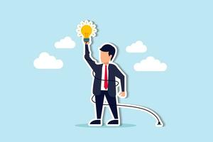 Solving complex problem, difficult idea or complicated solution, challenge or contemplation to overcome difficulty concept, frustrated businessman holding lightbulb idea while try to solve messy knot. vector