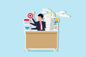 Workaholic, busy businessman multitasking or tired and exhausted from overworked, overload job, lot of paper works concept, workaholic businessman working hard on his office desk with paper works. vector