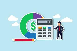 estructura de costes, cálculo del saldo de gastos e ingresos, análisis de ingresos, deuda e inversiones, gestión del dinero, concepto de presupuesto o ahorro, hombre de negocios con calculadora con gráfico circular de estructura de costes. vector