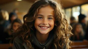 ai generado contento sonriente alegre niña Chica de escuela a su escritorio a colegio foto