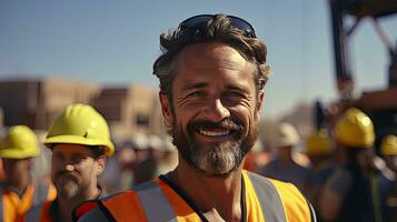 ai generado masculino trabajador en naranja chaleco uniforme a trabajo en un industrial construcción sitio foto