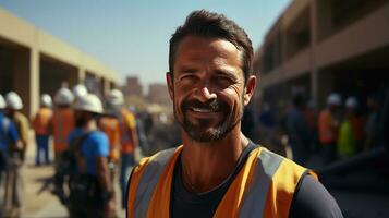 AI generated Male worker in orange vest uniform at work on an industrial construction site photo