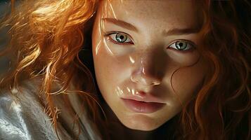 AI generated Beautiful face with freckles of a cute red-haired young woman in the sun's rays photo