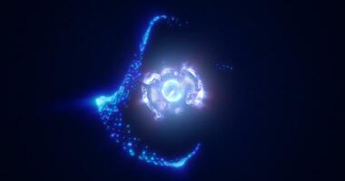 resumen energía esfera con volador brillante brillante azul partículas, Ciencias futurista átomo con electrones de alta tecnología antecedentes foto