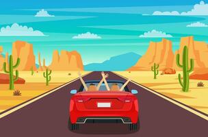 autopista la carretera en desierto. arenoso Desierto paisaje con camino, rocas, coche y cactus contento gratis Pareja en coche conducción con brazos aumentó. vector ilustración en plano estilo