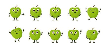 Cartoon funny fruits. Happy apple with face. Summer fruit apple characters isolated on white. Vector illustration in flat style