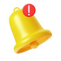 3d render Yellow notification bell icon with new urgent message isolated on white background. Social media notice event reminder. concept of notification message. Vector illustration