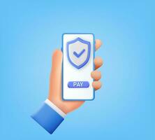 3d Secure online payment. hand holding mobile phone with shield and pay button on touch screen. Successful money transfer sign on smartphone in man hand. 3D rendering. Vector illustration