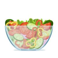 Green salad of fresh vegetables in a transparent salad bowl object isolated on a white background. Vector illustration in flat style