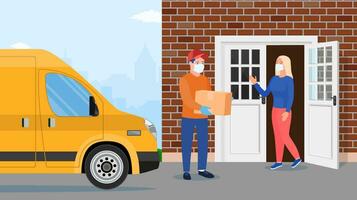 Safe home delivery during coronavirus covid-19 Man left cardboard boxes with goods. Courier character holds parcel. Free and fast shipping. Vector illustration in flat style