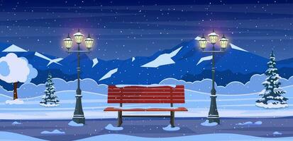 cartoon Winter city park with wooden bench, lanterns and mountain. empty public garden landscape, snow fall under dull sky. Vector illustration in flat style