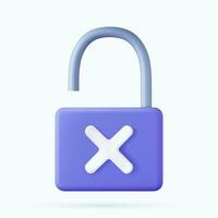 3d unlocked padlock icon with white cancel cross symbol.Security concept. 3D rendering. Vector illustration