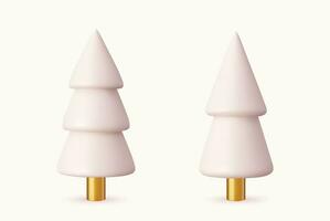 Set of different style Christmas tree. White and golden realistic abstract Christmas trees. Christmas decorations. 3d rendering. Vector illustration