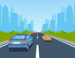 highway drive with beautiful landscape. Travel road car view. Road with cars leading to the city.. City traffic on highway with panoramic views vector illustration in flat design