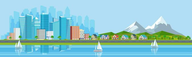 Landscape with buildings, mountains, river and hills. city concept and suburban life. City street, skyscrapers and suburb with private houses and car Vector illustration in flat style