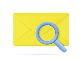 3d envelope render. Concept search icon. 3D mail envelope with magnifying glass isolated on white background. vector