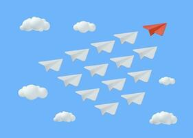 3d paper airplane with clouds Minimal cartoon cute smooth. creative vision leadership concept. Modern trendy design. 3d rendering. Vector illustration