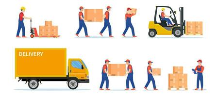 Warehouse workers with parcels boxes, delivery and shipping, workers carrying parcels, forklift truck loading or unloading to delivery car. Vector illustration in flat style