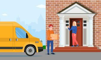 Man left cardboard boxes with goods near house facade. Courier character holds parcel. Carton delivery packaging closed box. Free and fast shipping. Vector illustration in flat style