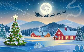 Winter snow landscape and houses with christmas tree. concept for greeting or postal card. background with moon and the silhouette of Santa Claus flying on a sleigh. vector illustration.