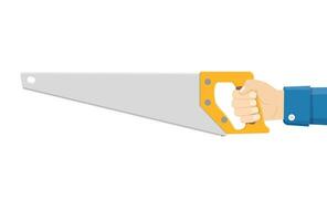 Man holding saw. Carpenter with saw in his hand. Carpentry work. vector illustration in flat design